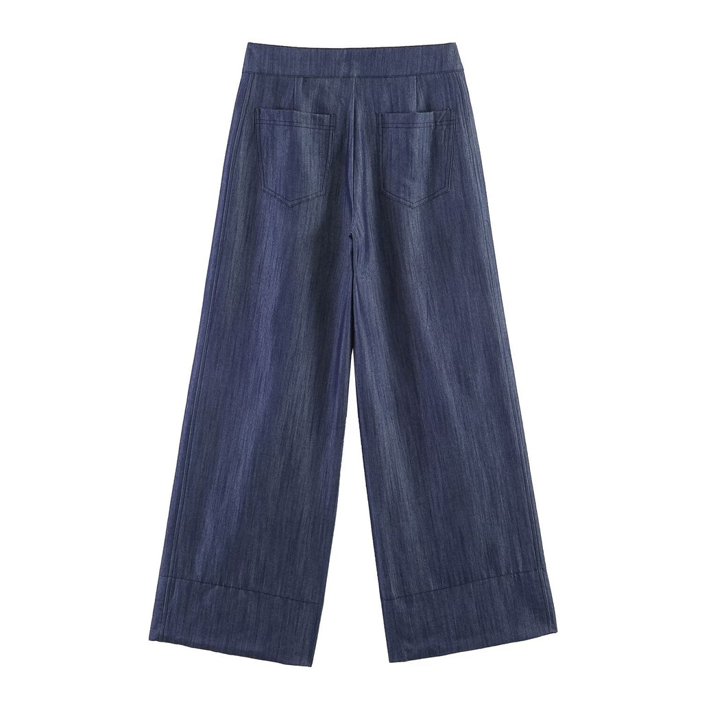Summer Women Clothes Casual Sleeveless Stand Collar Rivet Buckle Top Wide Leg Trousers