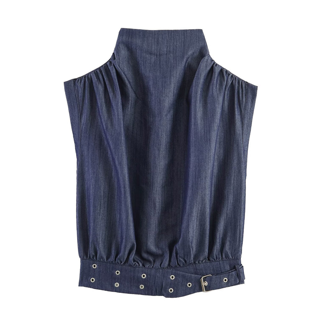 Summer Women Clothes Casual Sleeveless Stand Collar Rivet Buckle Top Wide Leg Trousers