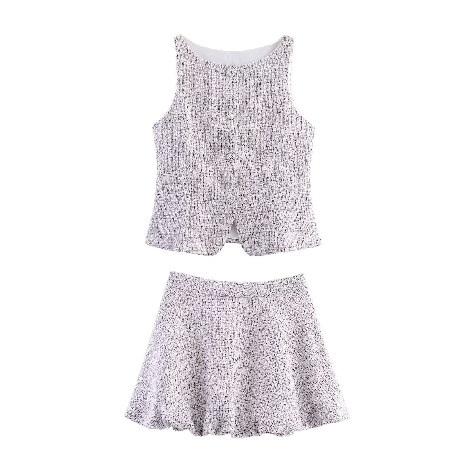 Women Clothing Tweed Sleeveless Vest Half Length Skirt Outfit