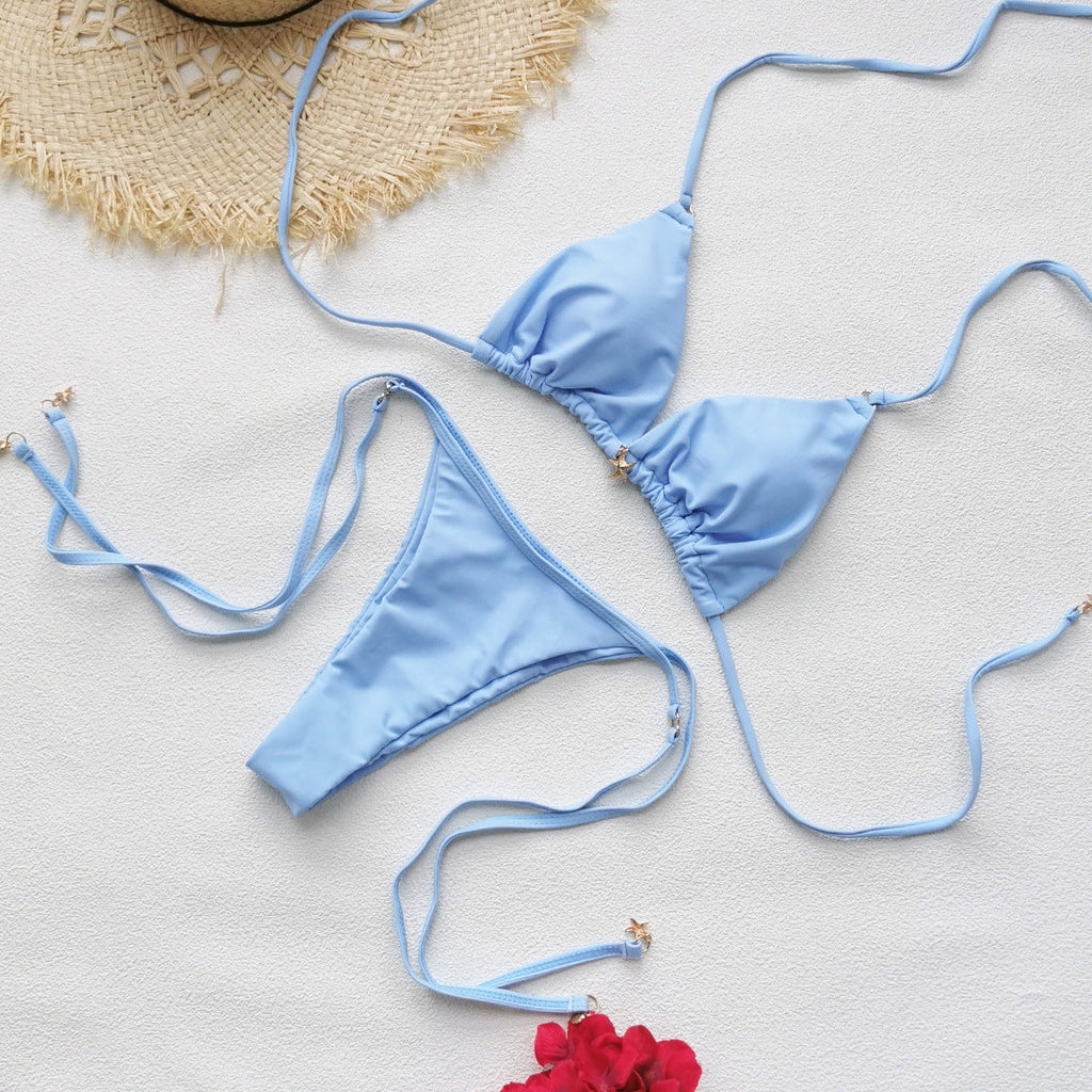 Sexy Backless Solid Color Lace up Bikini Three Point Low Waist Split Swimsuit Women