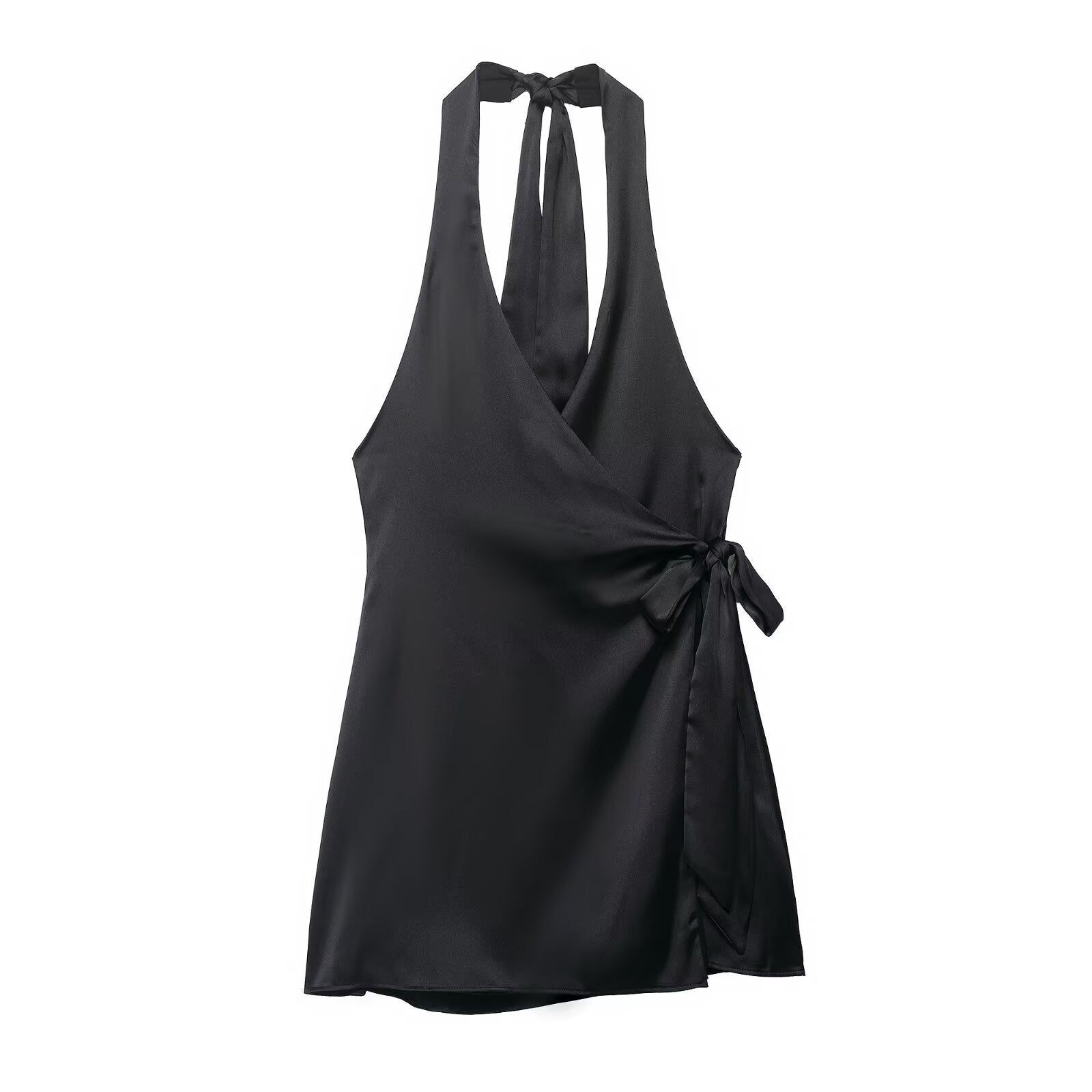 Women Clothing Women Silk Satin Texture Hanging Collar Dress