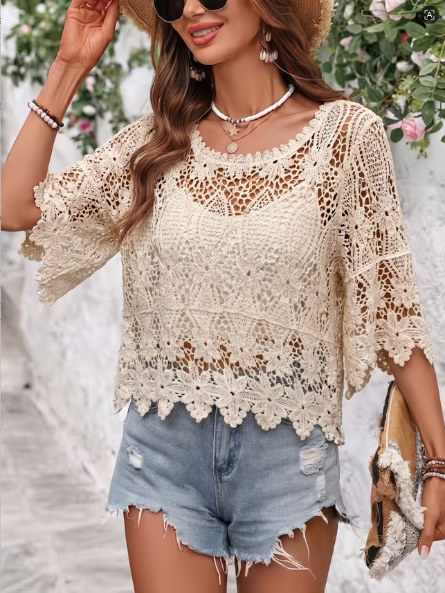 Women Summer Lace Knit Solid Color Round Neck Top