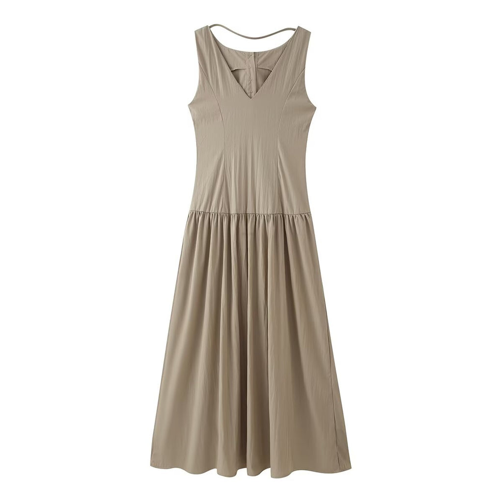 Women Summer Cinched Breasted Design Big Swing Mid Length Dress