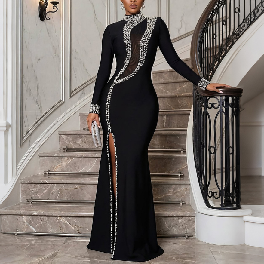 Women Clothing High Collar Long-Sleeved Dress Split Rhinestone Dress