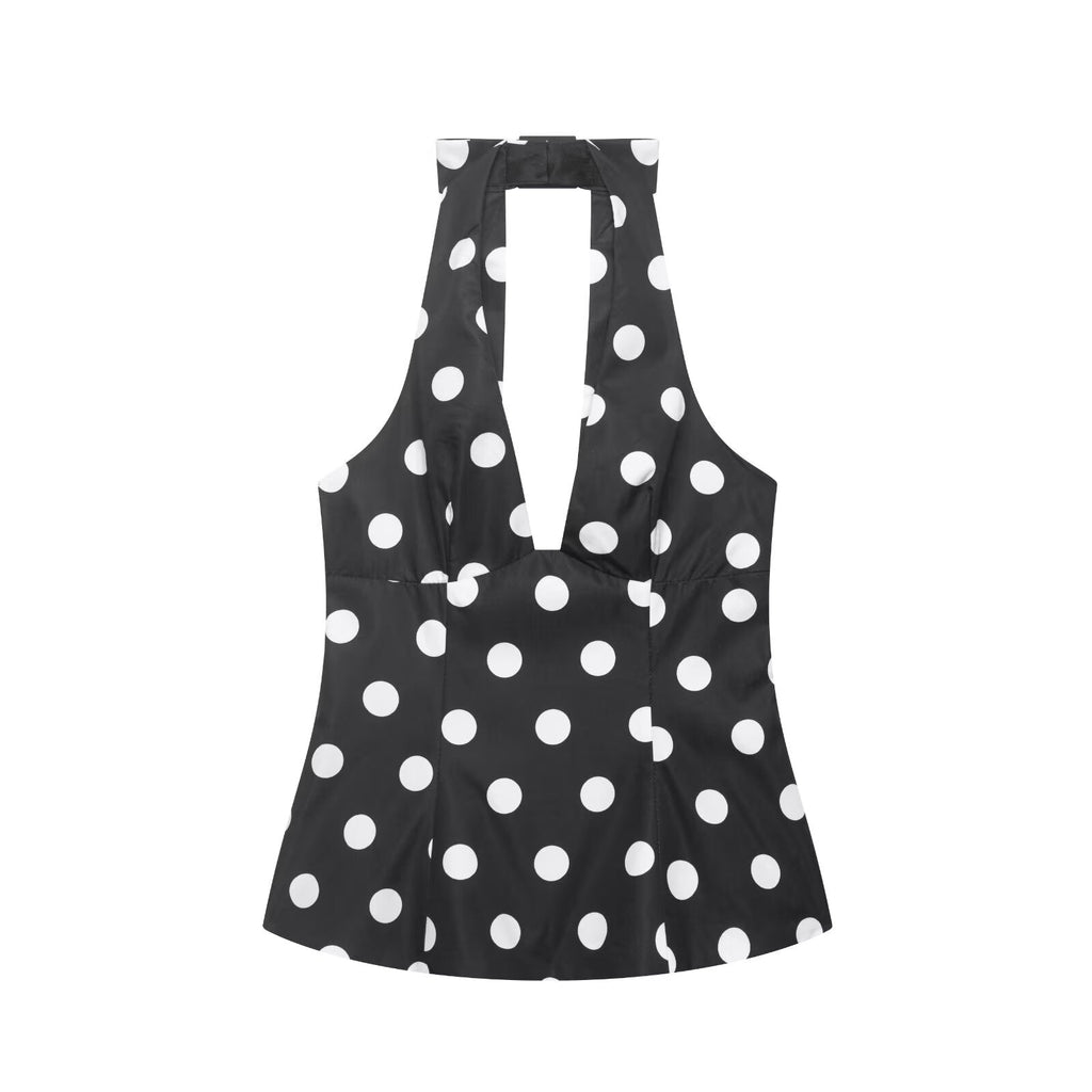 Women Clothing Summer Sexy Bowknot Decoration Polka Dot Hanging Collar Sleeveless Top