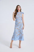 Women Water Soluble Lace Round Necked Floral Print Flared Sleeve Open Back High Waisted Dress Figure Hugging Dress