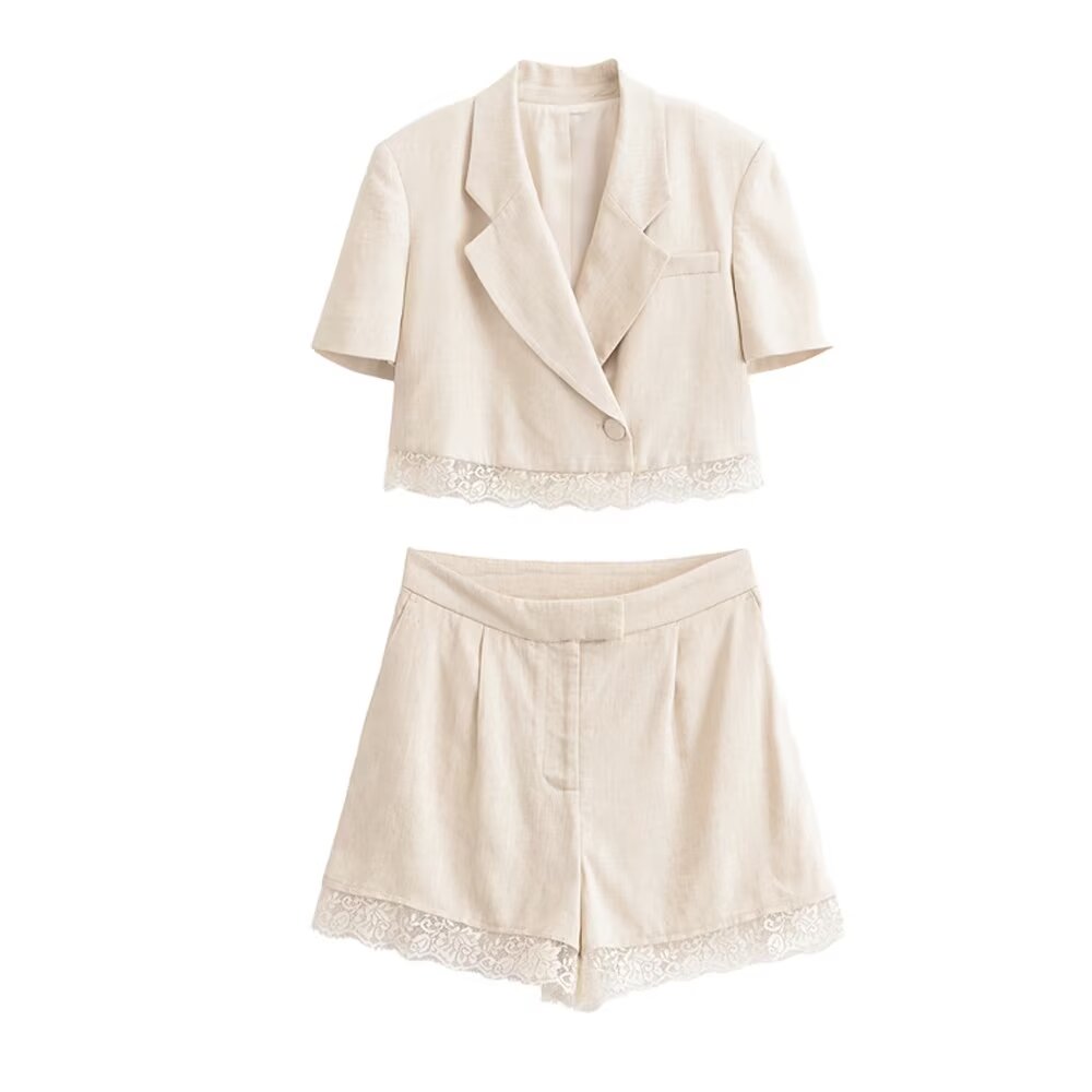 Women Clothing Lace Short Blazer Lace Pleated Casual Shorts