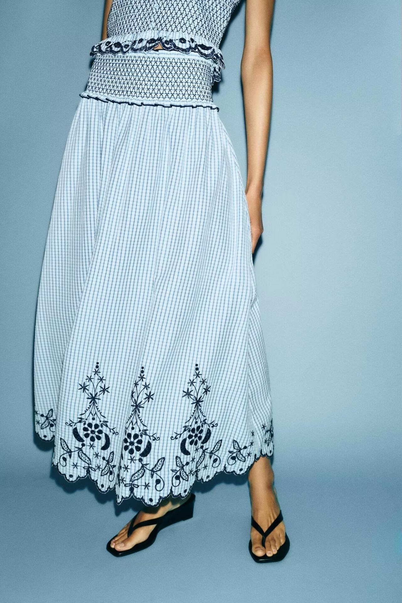 Women Clothing Summer Fashionable Lace Embroidered Plaid Midi Skirt