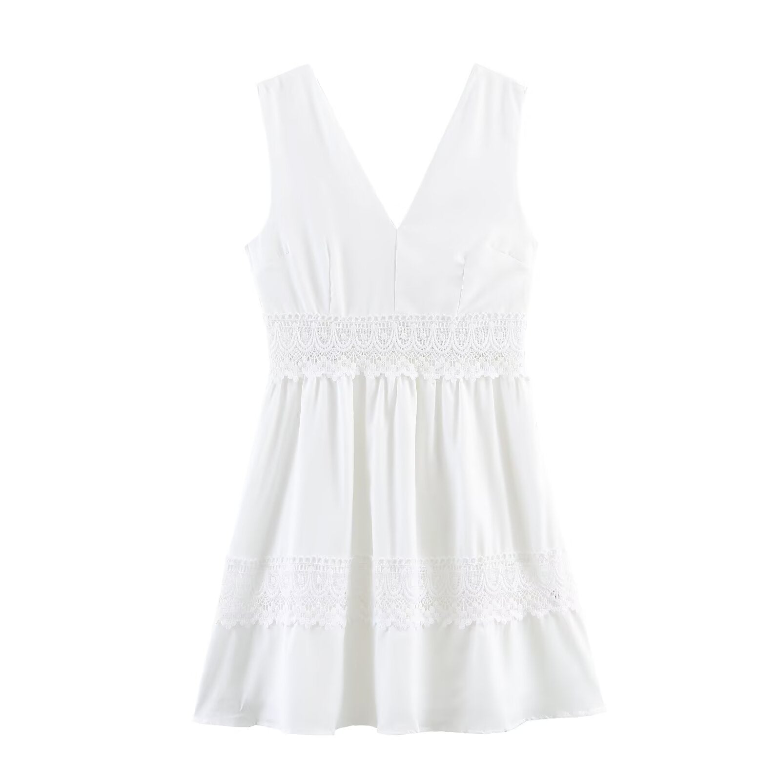 Women Clothing Summer Slim Waist Lace Short Stitching Dress