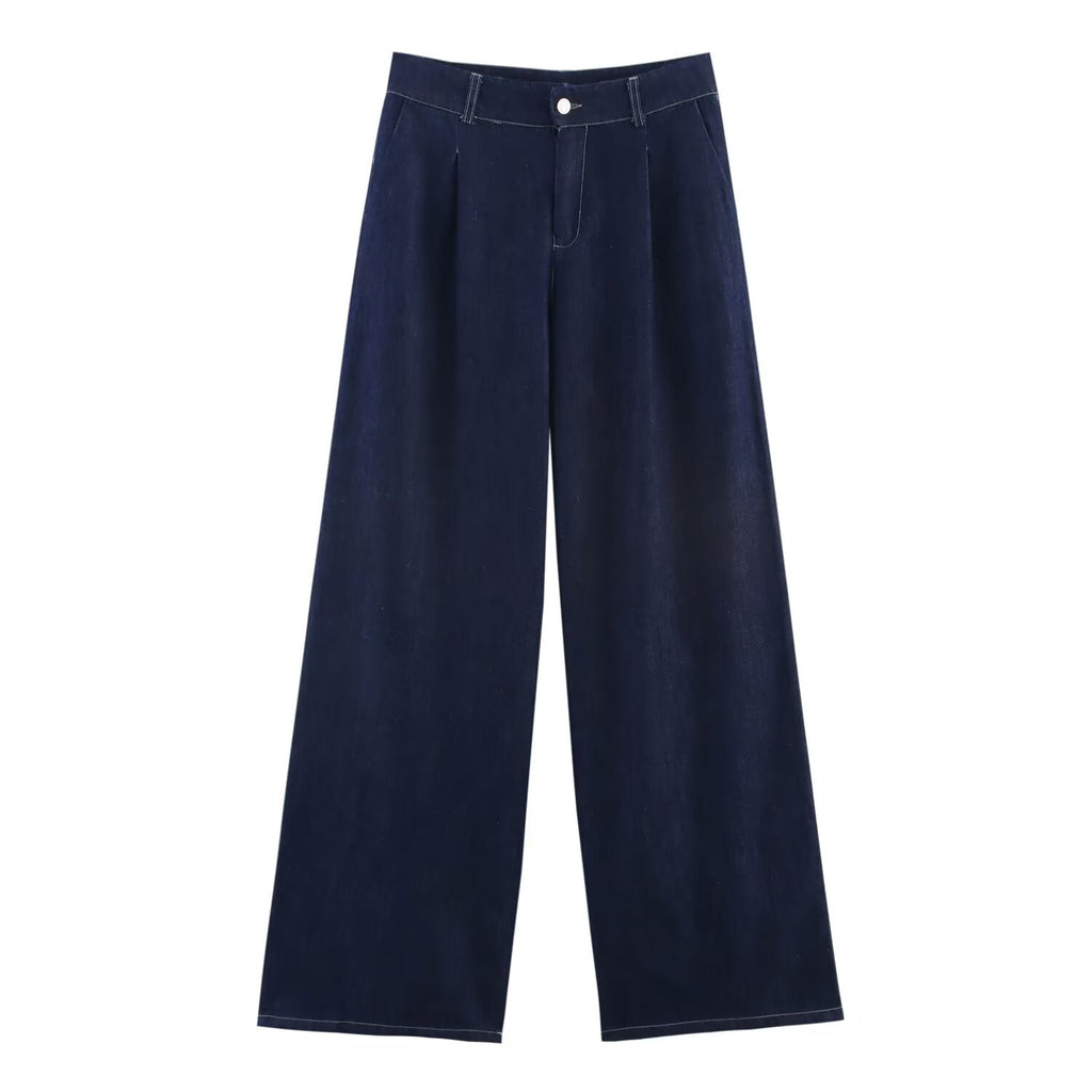 Summer Casual Women Collared Wide Sleeve Loose Denim Shirt Top High Waist Wide Leg Set