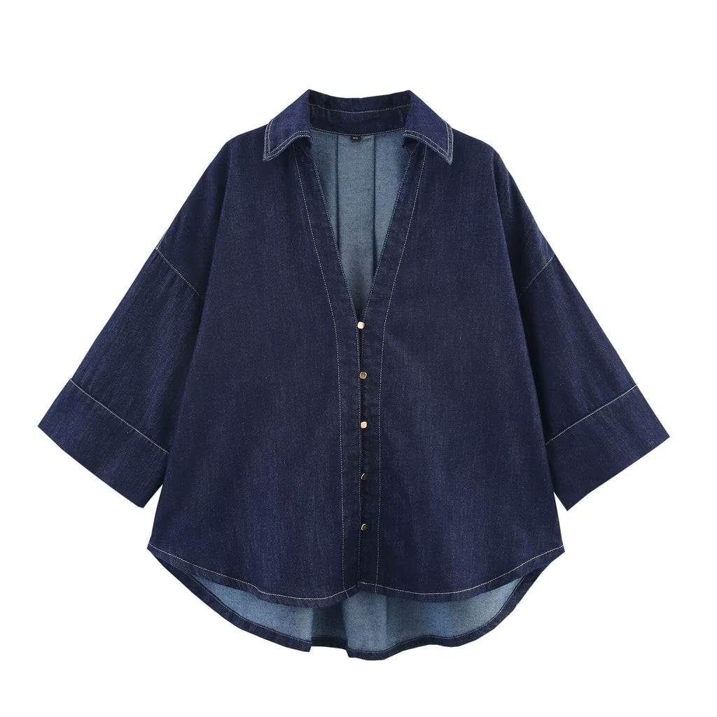 Summer Casual Women Collared Wide Sleeve Loose Denim Shirt Top High Waist Wide Leg Set