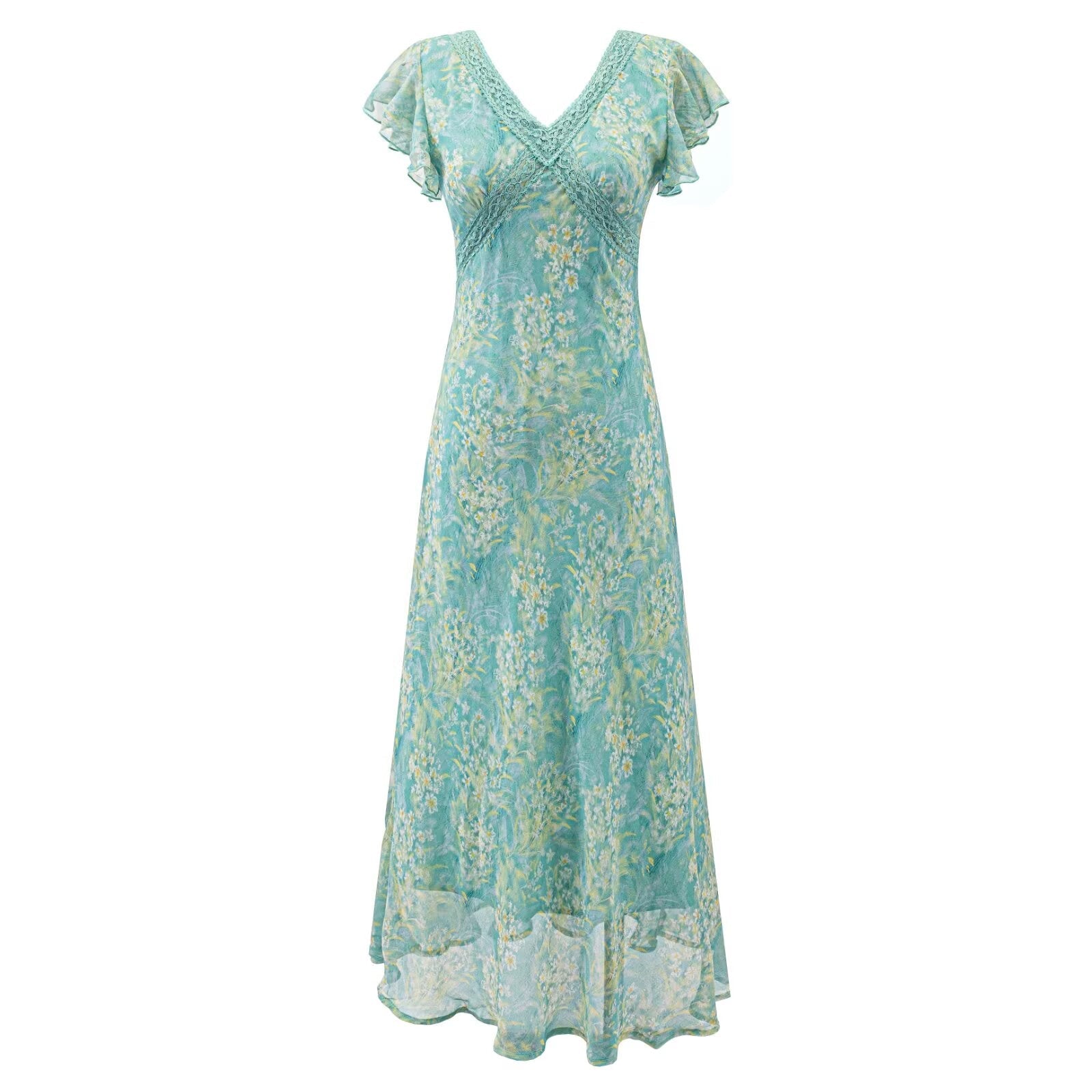 Women Clothing Summer Smoke Purple Ning Dress French Floral Flying Sleeve Dress Women Lace V neck Dress