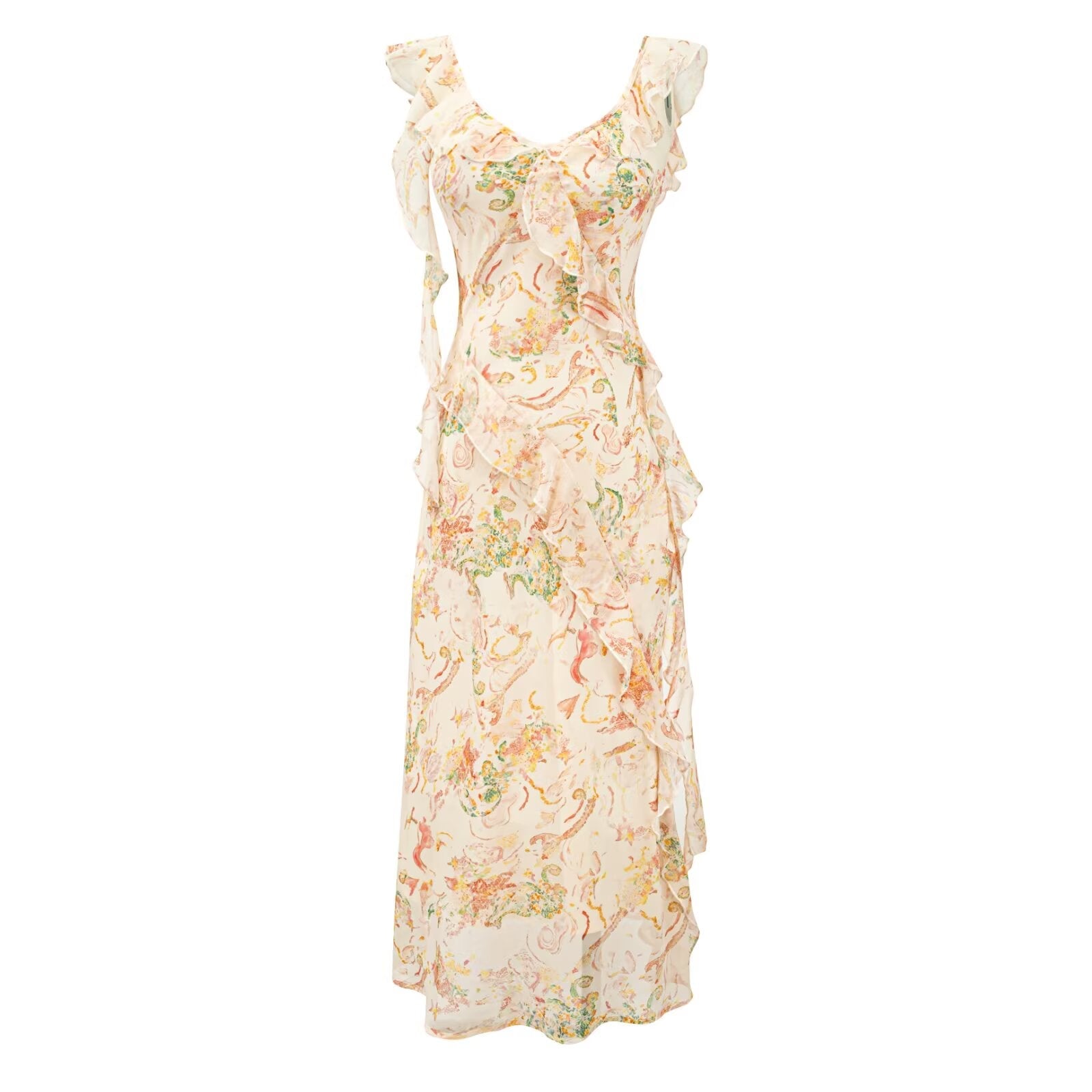 French Sweet V neck Flounce Sleeveless Dress Summer Seaside Vacation Cinched Slimming Maxi Dress