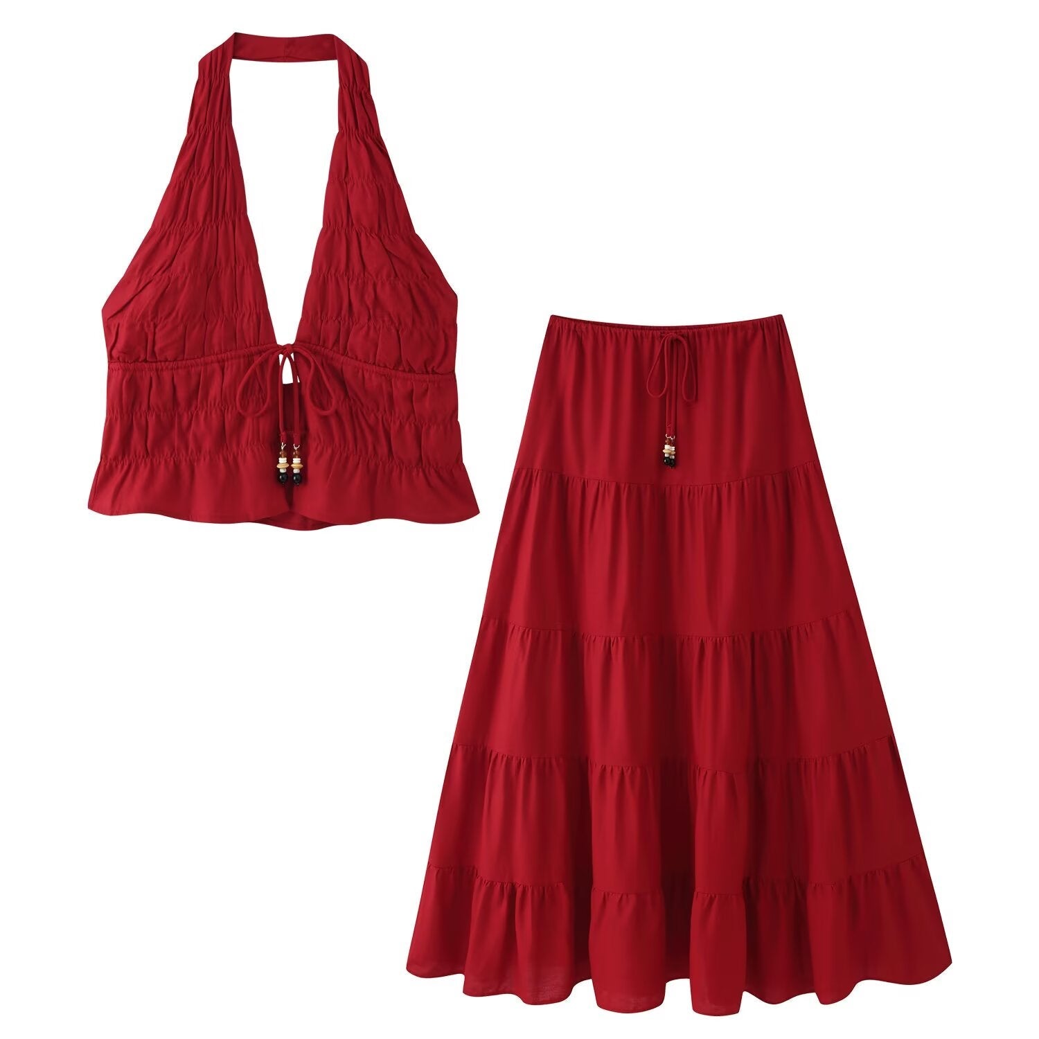 Women Clothing Lace up Pleated Midi Skirt Sets