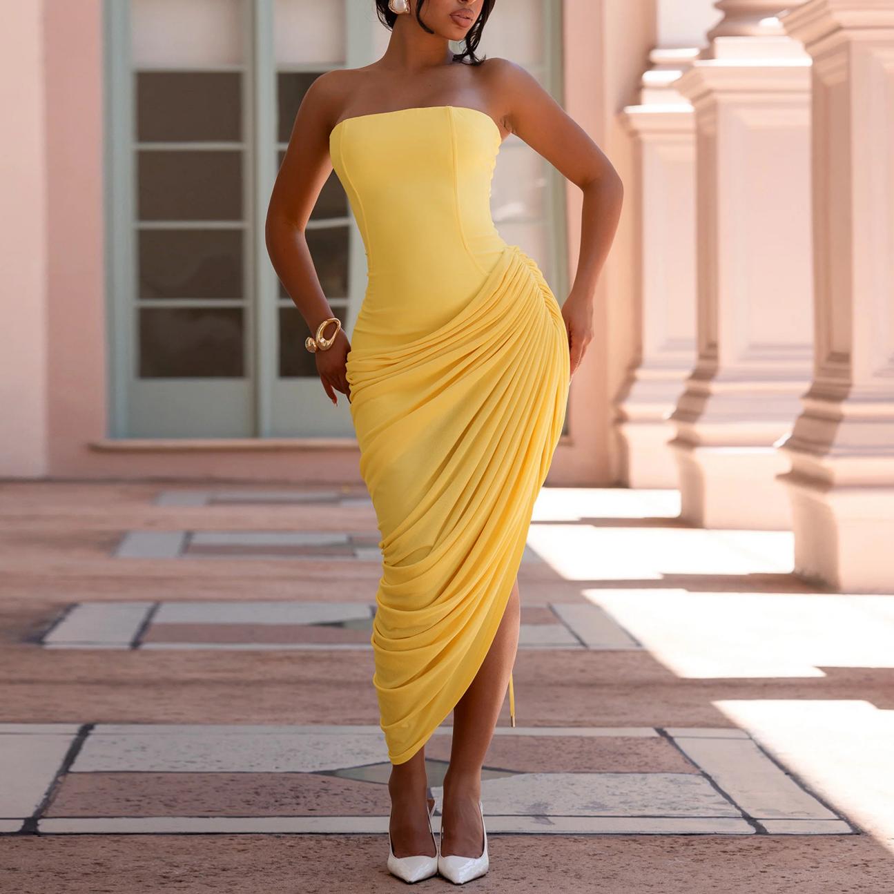 Women Wear Sexy off the Shoulder Tube Top Ruffle Hip Dress