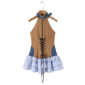 Retro Sexy Halter Dress Backless Lace up Color Contrast Patchwork Layer Cake Miniskirt Women Dress