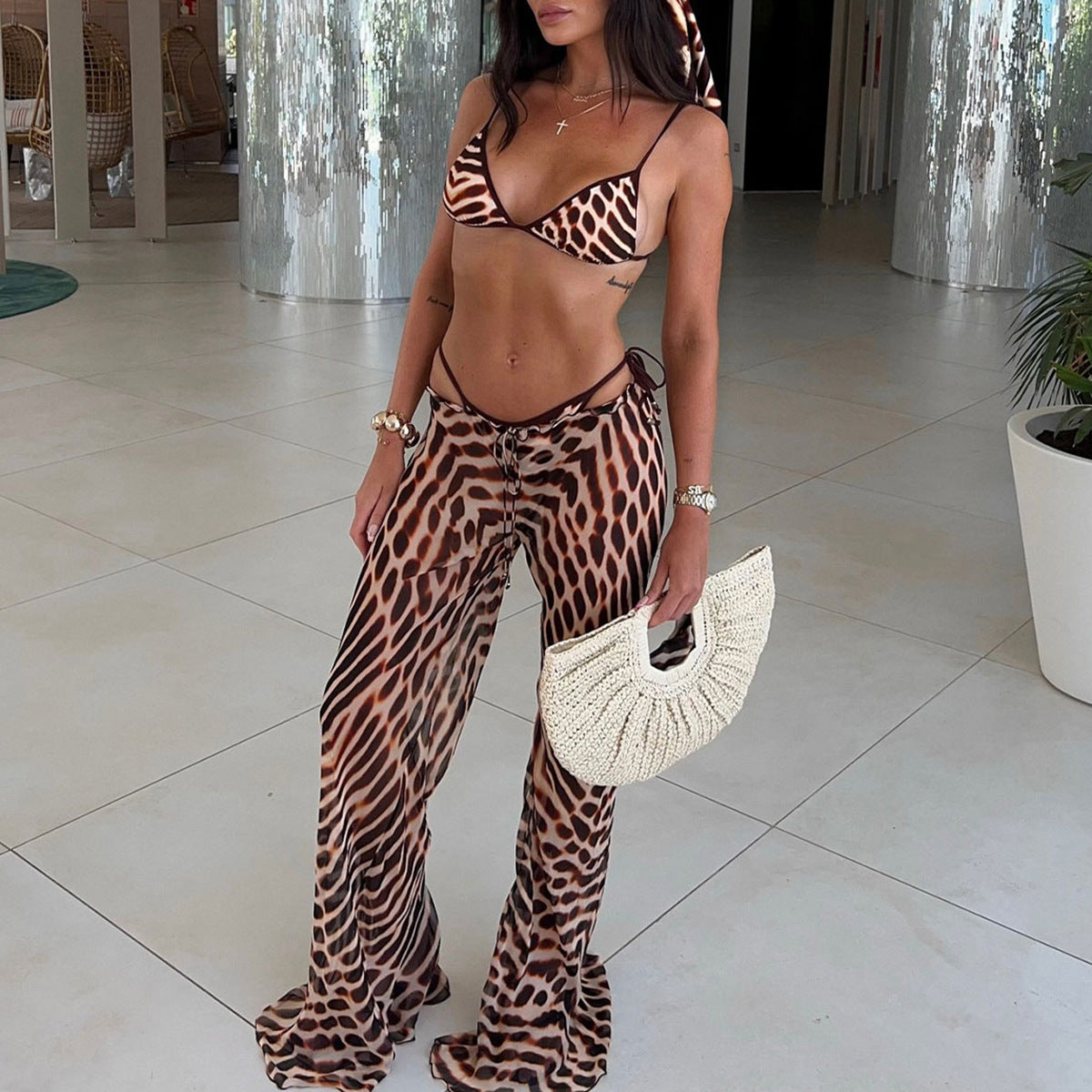 Women Three Point Bikini Mesh Trousers Leopard Print Printed Sexy Backless Split Swimsuit