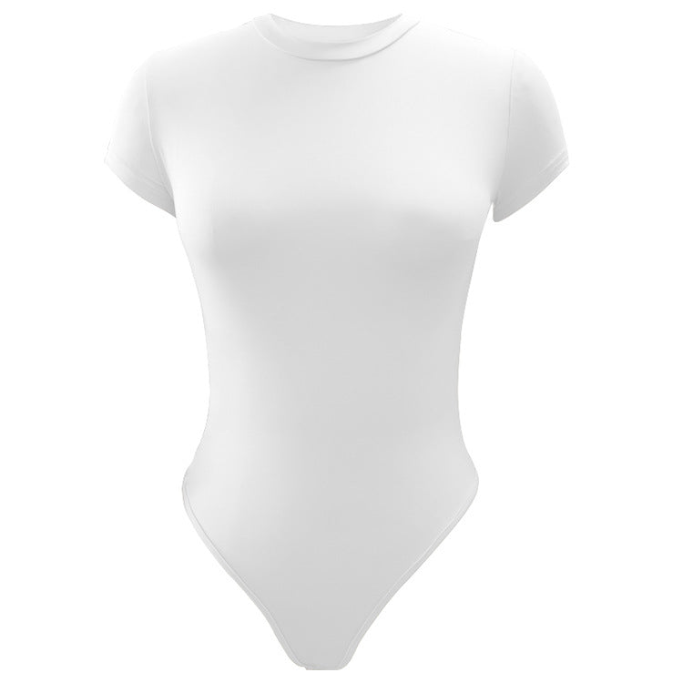 Solid Color Bottoming WomenClothing Basic Casual Short Sleeve round Neck Tight Bodysuit Summer Bella Mia