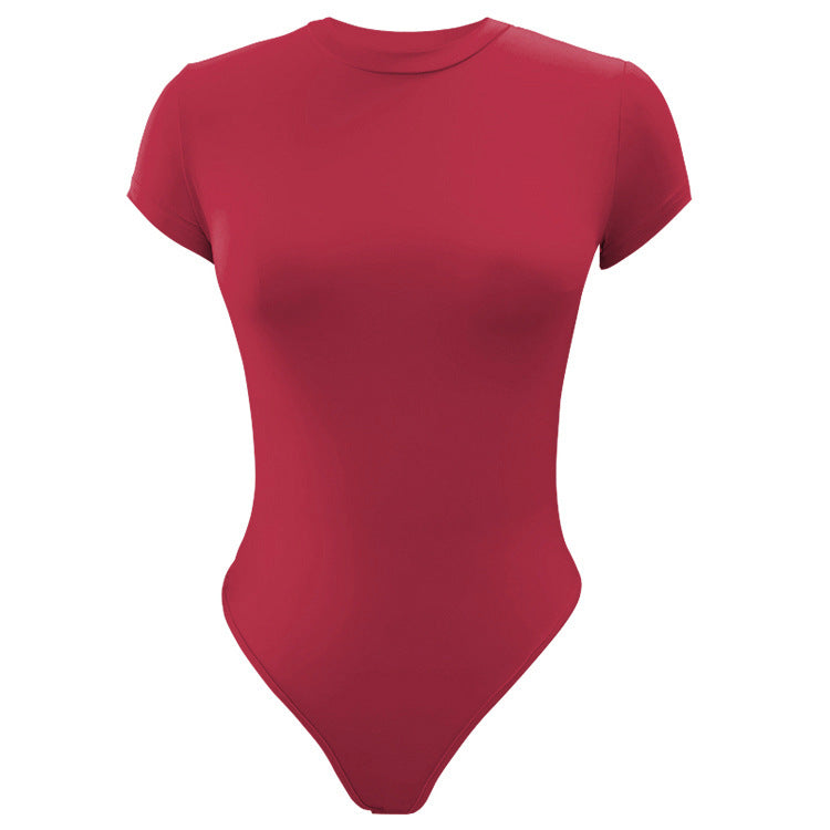 Solid Color Bottoming WomenClothing Basic Casual Short Sleeve round Neck Tight Bodysuit Summer Bella Mia