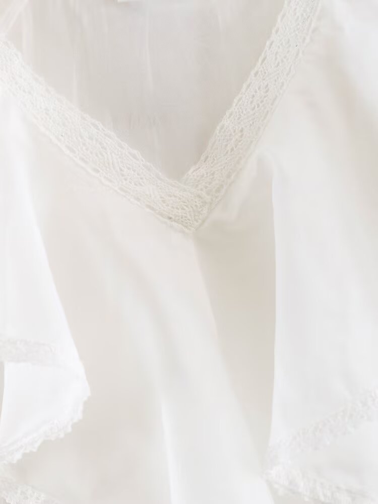 Women Clothing Summer Lace V neck Patchwork Ruffled French White Shirt