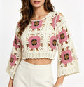 Women Summer Openwork Crochet Floral Color Block Short Knit Cardigan Top