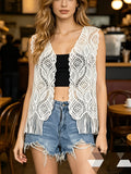 Women Summer Hook Patterned Openwork Fringed Sleeveless Blouse With Lace Trim