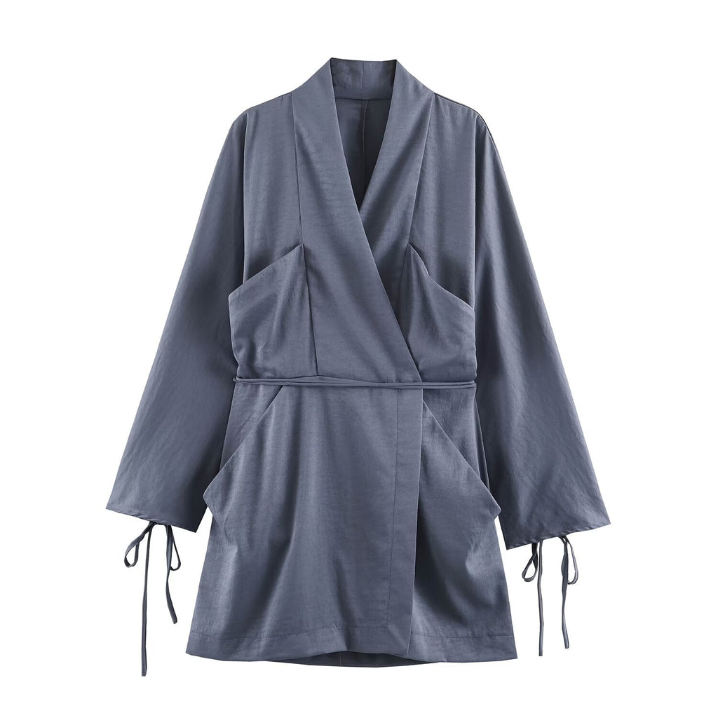 Women Clothing Summer Waist Belt Double Breasted Short Long Sleeve Dress