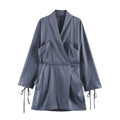 Women Clothing Summer Waist Belt Double Breasted Short Long Sleeve Dress