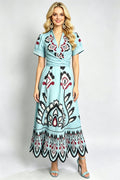 Women Summer Printed V Neck Short Sleeved Fitted High Waisted A Line Dress