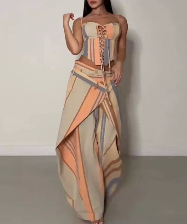 Summer Printed Lace up Sling Top Color Striped Stitching Loose Wide Leg Pants Two Piece Sets