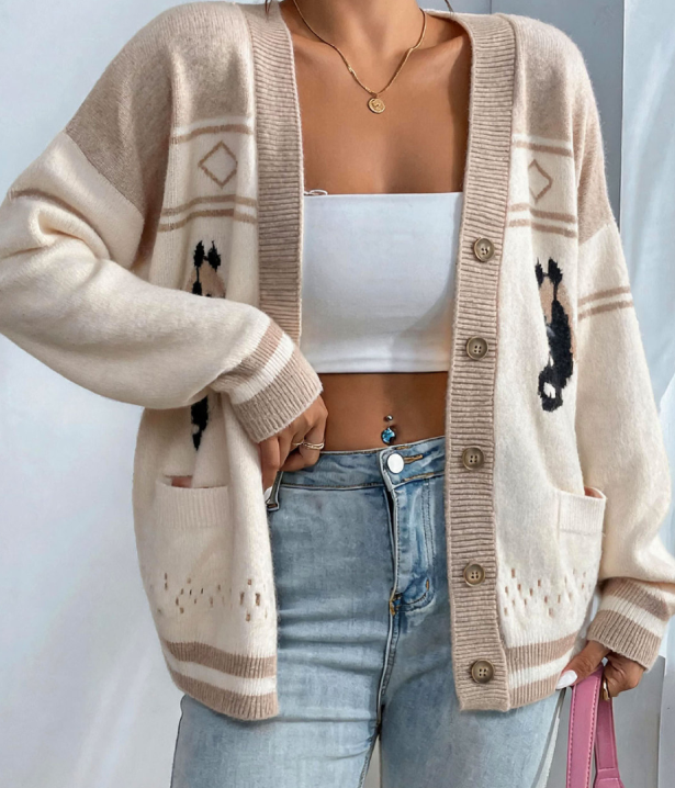 Fashionable Knitted Cardigan Women Autumn Winter Loose Idle Brocade Sweater Coat Long Sleeved Top