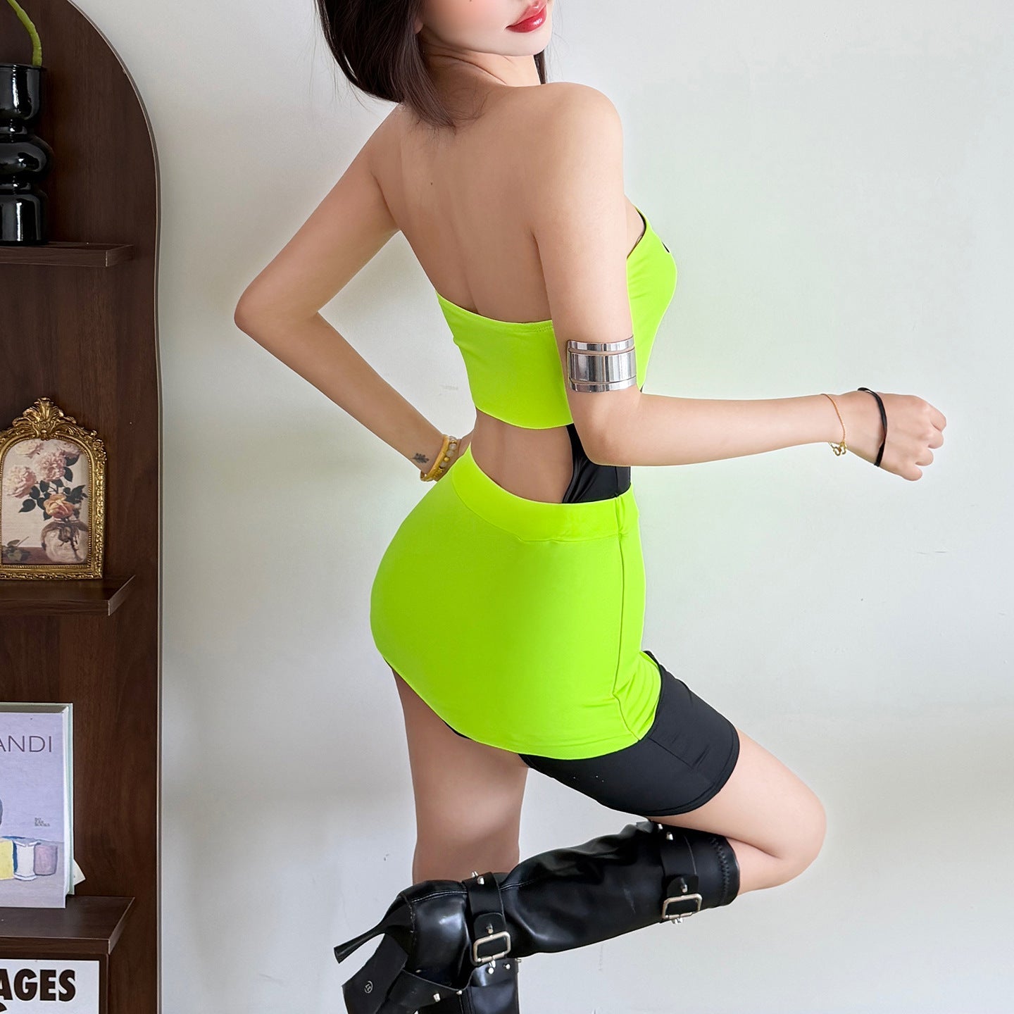 Summer Women Clothing Contrast Color Slim Fit Sexy Street Hollow Out Cutout out Tube Top Dress