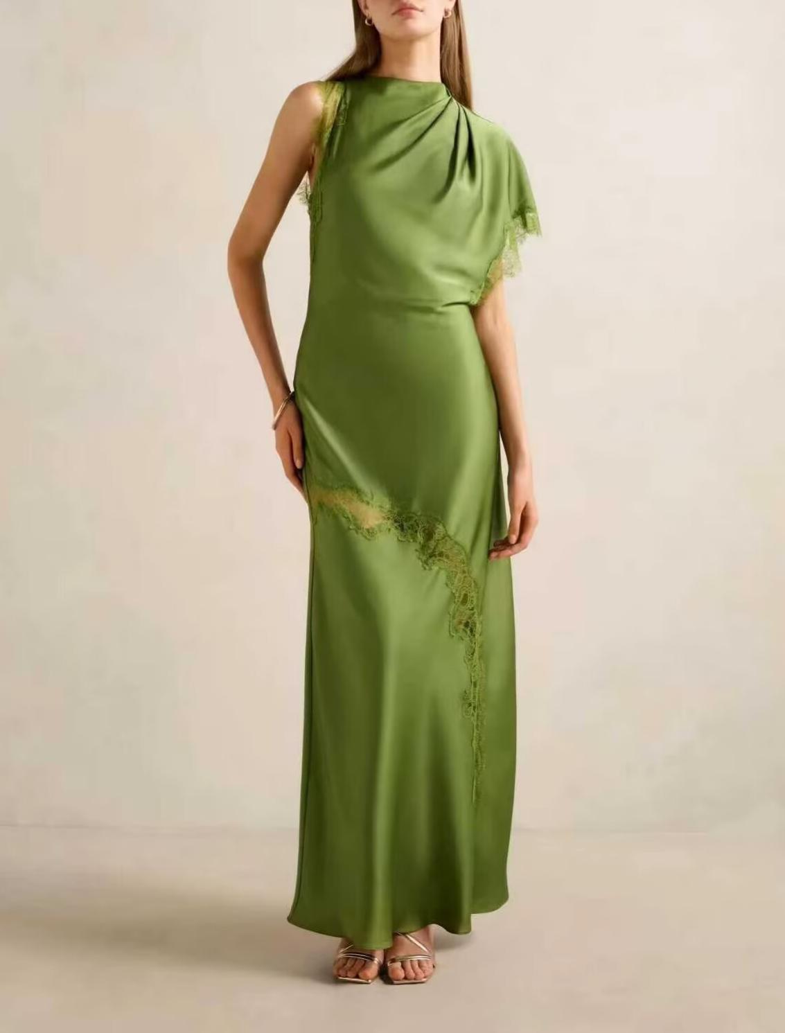Women Elegant Slim Fit Design Lace Irregular Asymmetric Stitching Maxi Dress