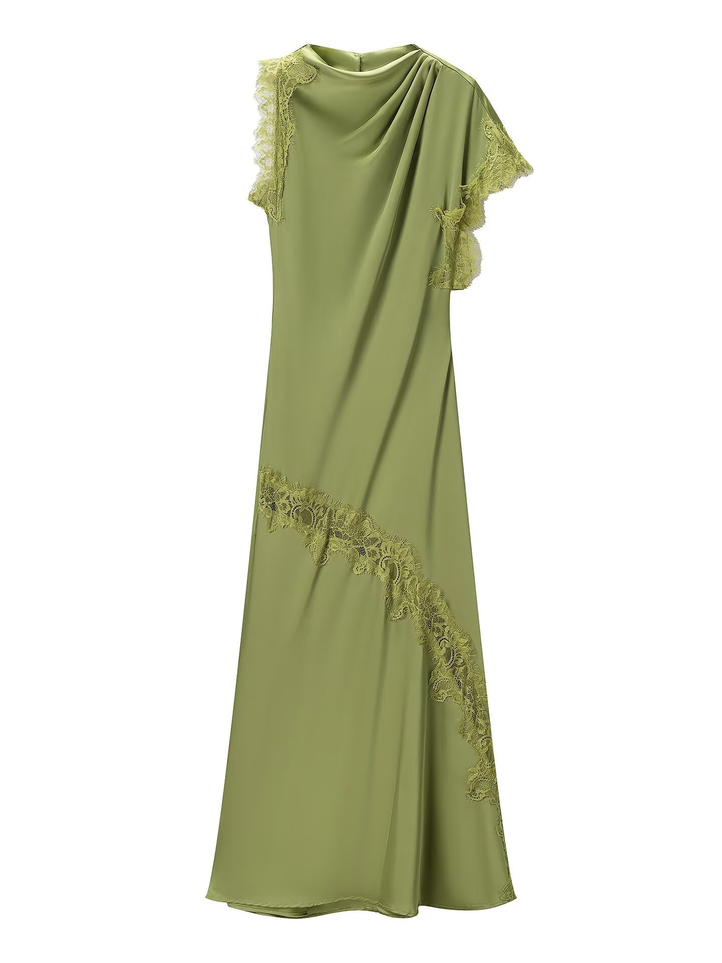 Women Elegant Slim Fit Design Lace Irregular Asymmetric Stitching Maxi Dress
