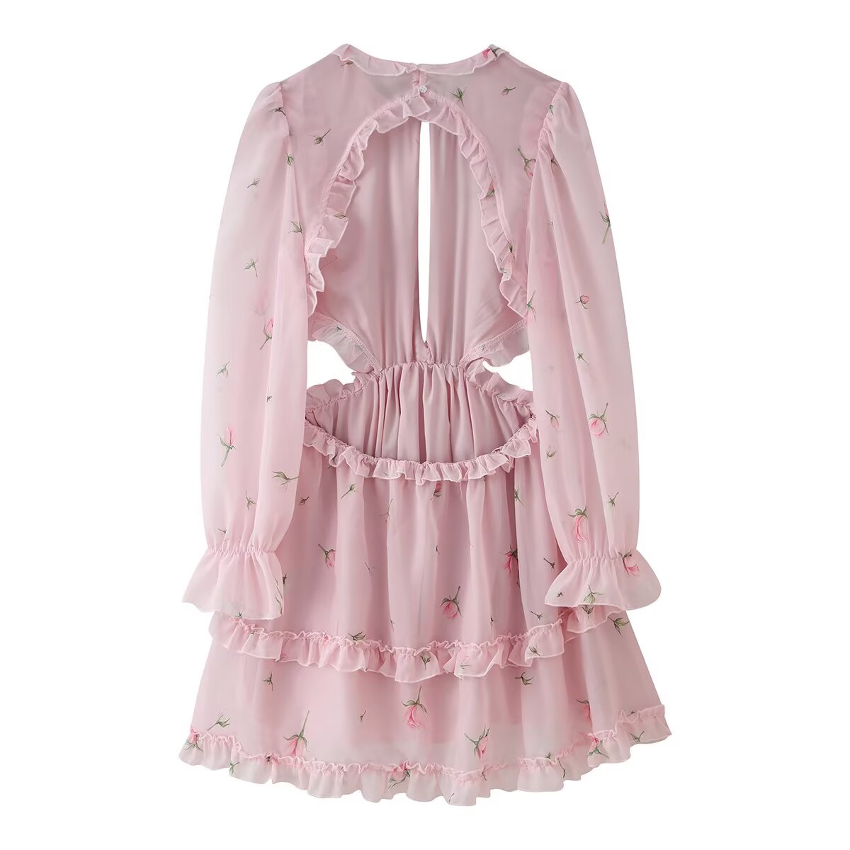 Women Clothing Fresh Sweet Floral Tight Waist Back Hollow Out Cutout-out Long Sleeve Chiffon Dress