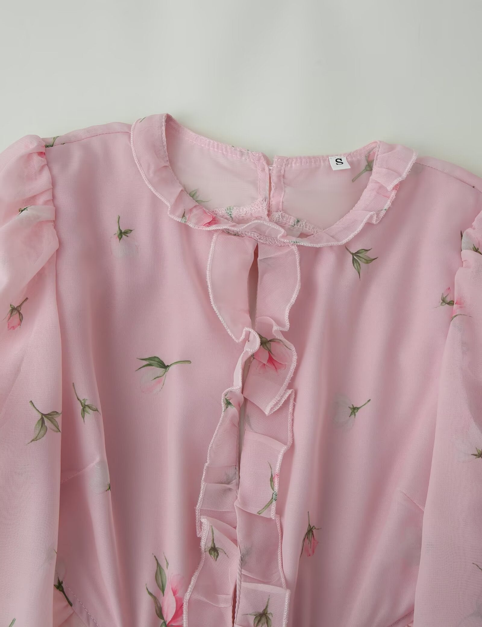 Women Clothing Fresh Sweet Floral Tight Waist Back Hollow Out Cutout-out Long Sleeve Chiffon Dress