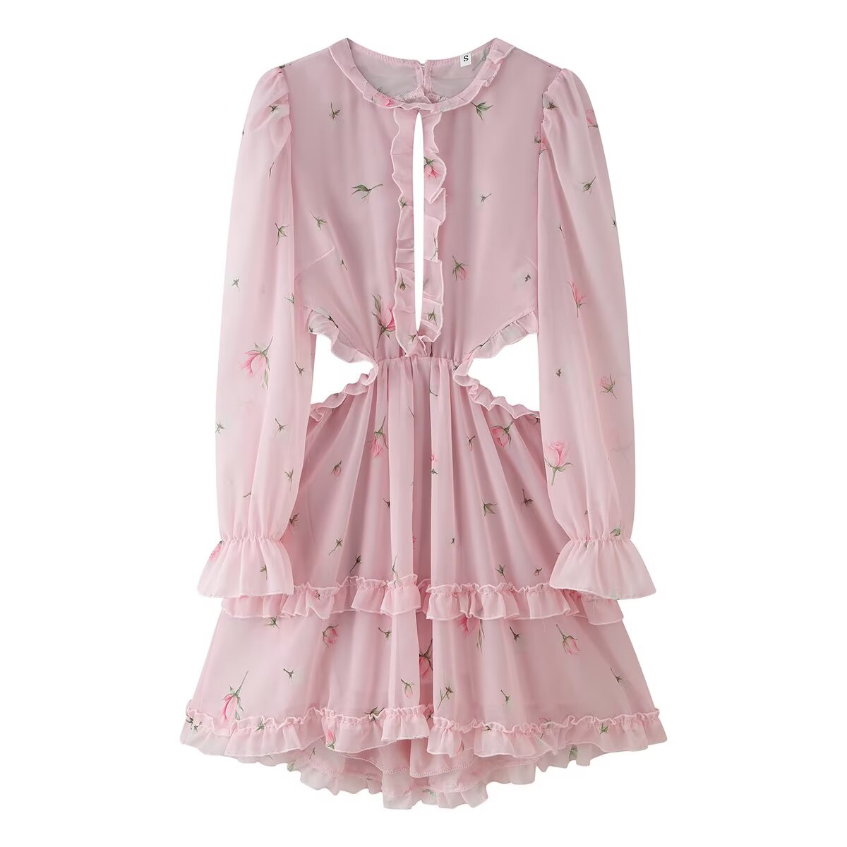 Women Clothing Fresh Sweet Floral Tight Waist Back Hollow Out Cutout-out Long Sleeve Chiffon Dress