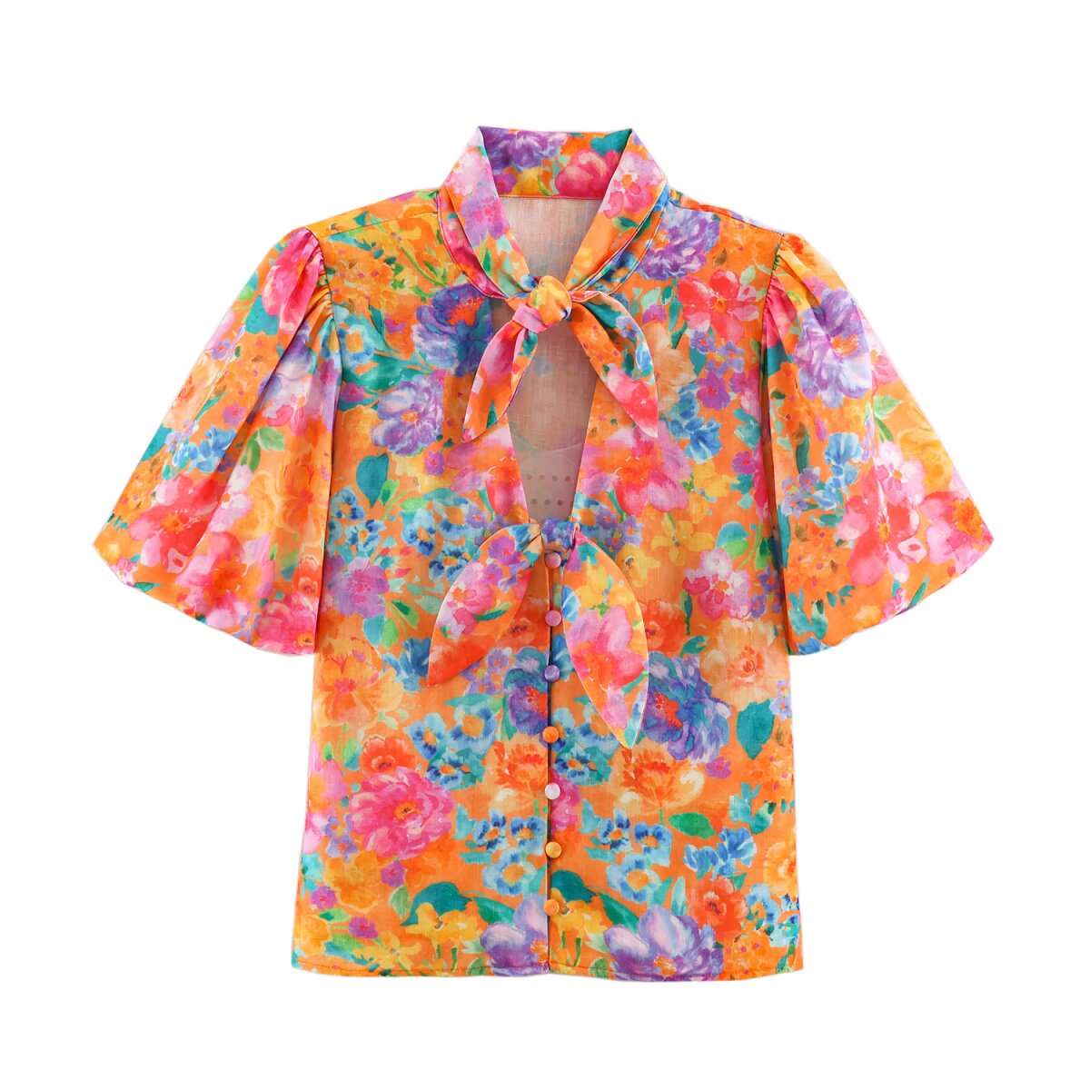 Women Clothing Autumn Orange Watercolor Floral Print Bow Short Sleeve Shirt for Women
