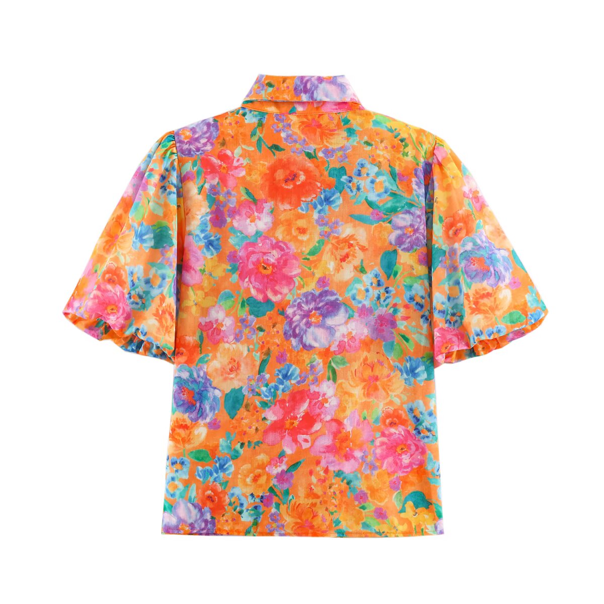 Women Clothing Autumn Orange Watercolor Floral Print Bow Short Sleeve Shirt for Women