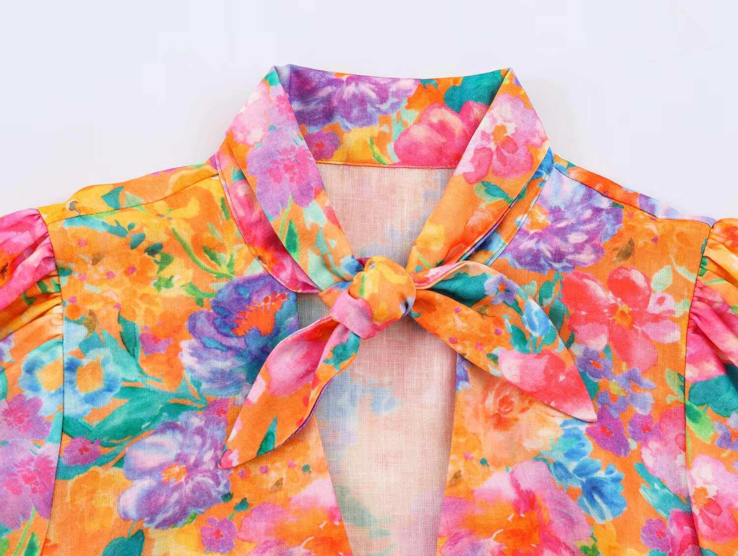 Women Clothing Autumn Orange Watercolor Floral Print Bow Short Sleeve Shirt for Women