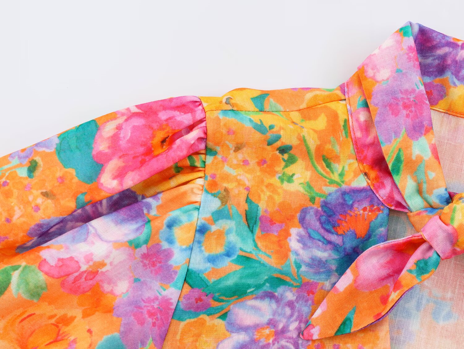 Women Clothing Autumn Orange Watercolor Floral Print Bow Short Sleeve Shirt for Women