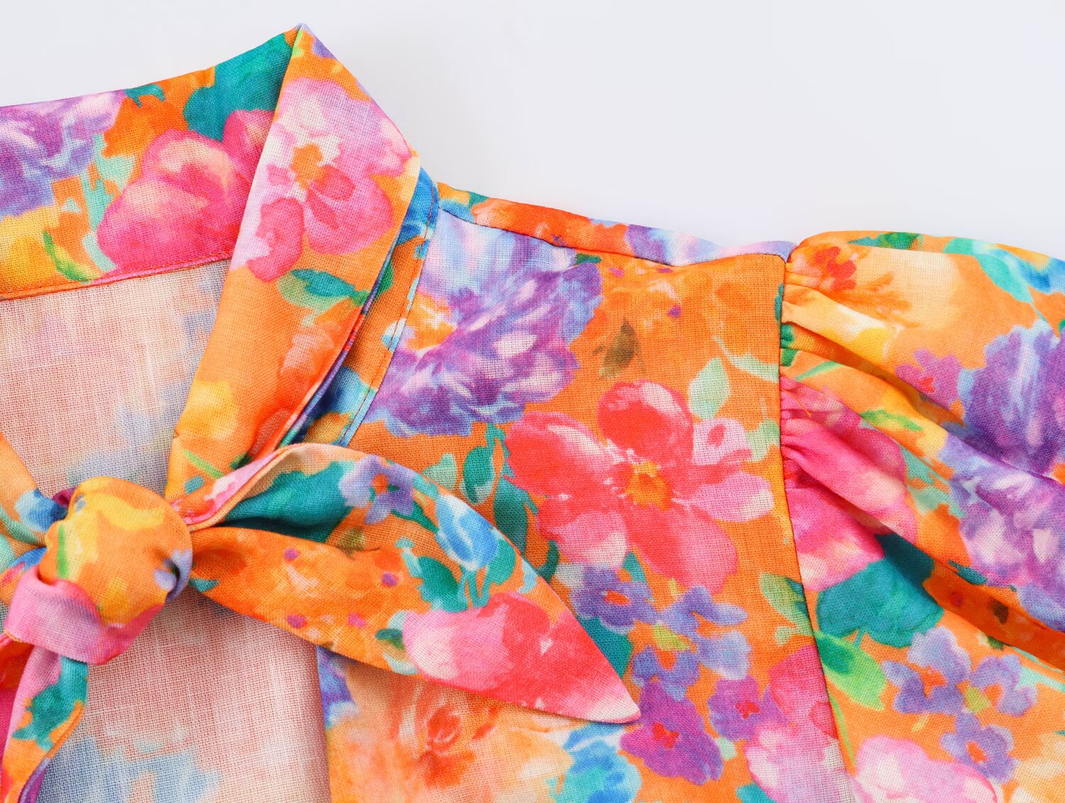 Women Clothing Autumn Orange Watercolor Floral Print Bow Short Sleeve Shirt for Women