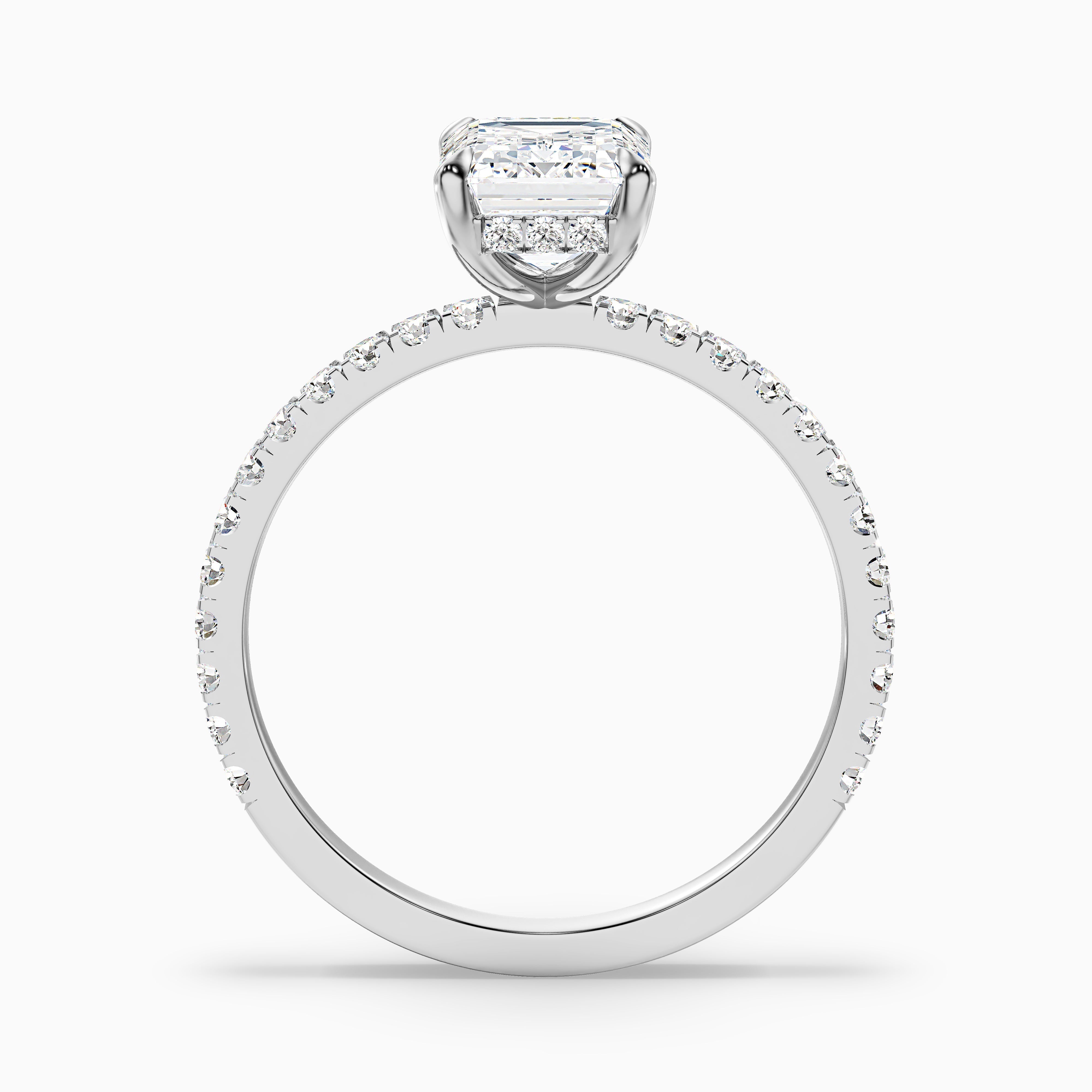 Ayla 2.5 Carat Emerald Cut Hidden Halo Pave Moissanite Diamond Ring in 18k White Gold