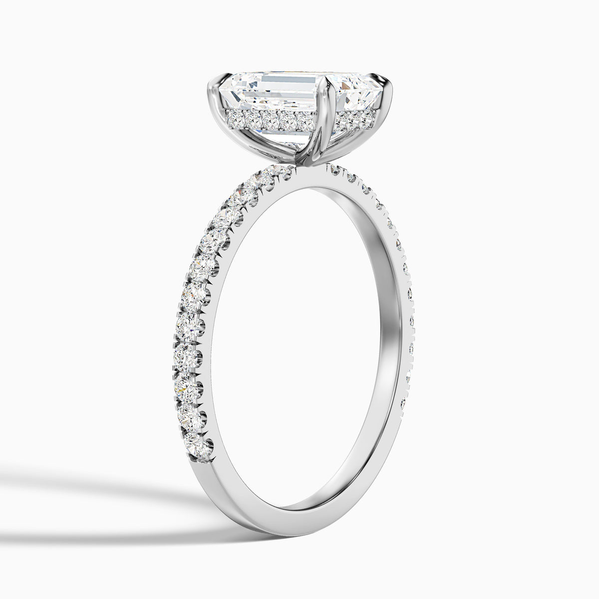 Emme 4 Carat Emerald Cut Hidden Halo Pave Lab Grown Diamond Ring in 18k White Gold