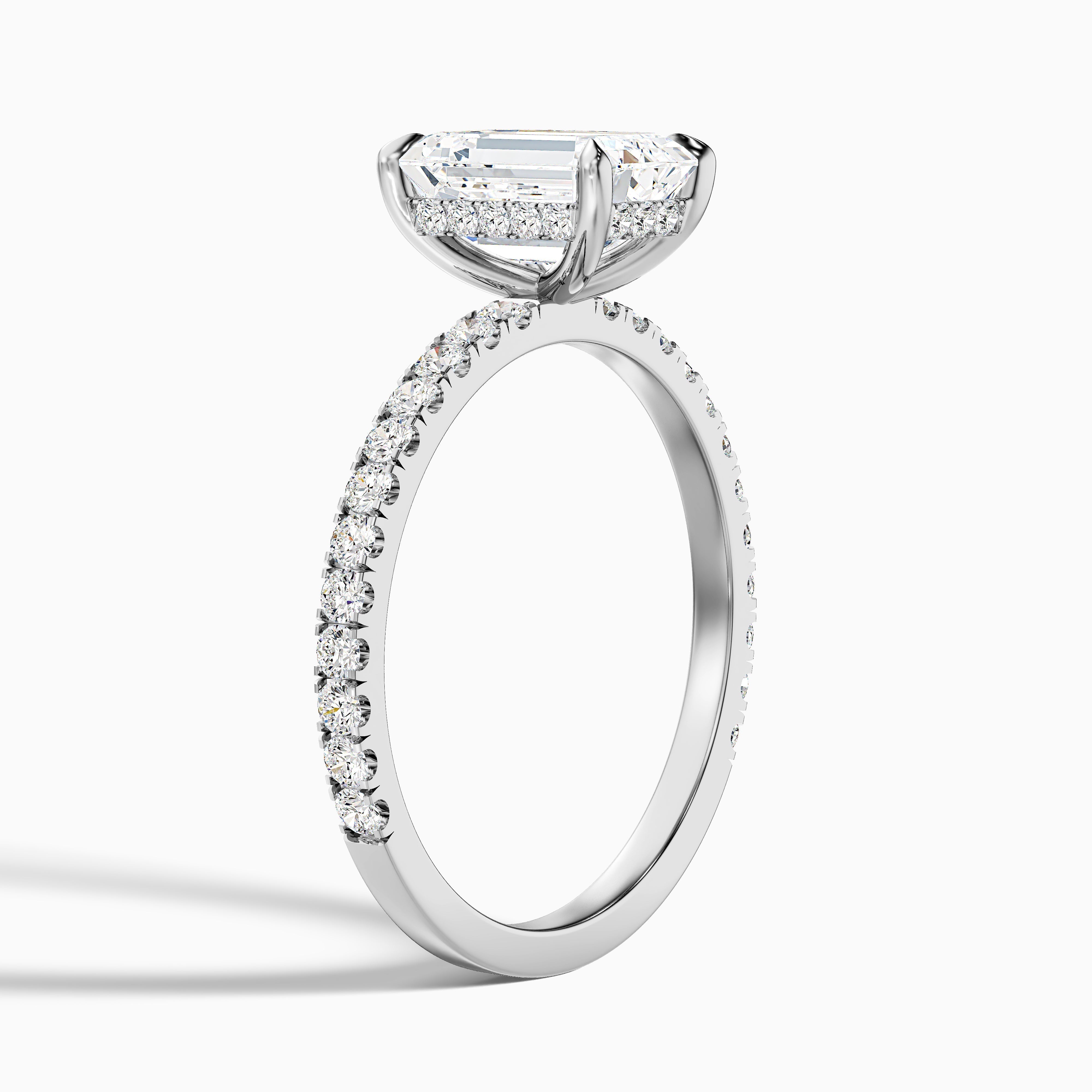 Ayla 5.5 Carat Emerald Cut Hidden Halo Pave Moissanite Diamond Ring in Platinum