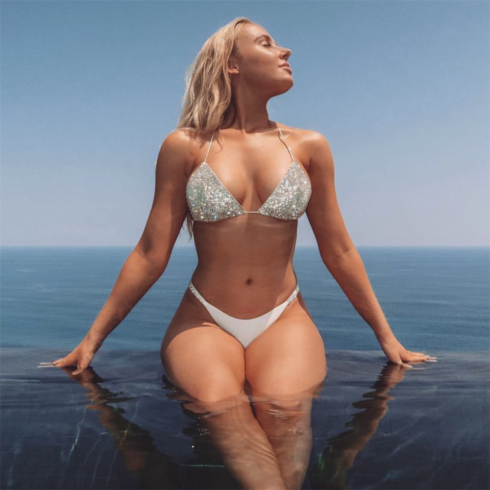 Cross-Mirror Women Clothing Beach Swimsuit Sexy Bikini Low Waist Split Rhinestone Swimsuit Bella Mia