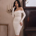 Women Spring Solid Color Sexy Slim Party Long Sleeve off Shoulder Pleated Early Spring Dress Bella Mia