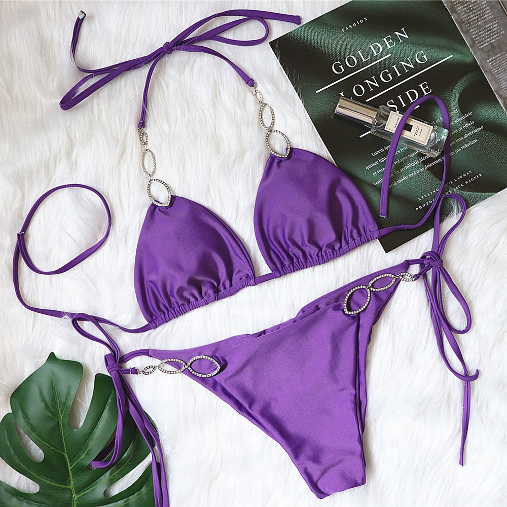 Bikini Sexy Metal Accessories Rhinestone Women Split Swimsuit Plain Bandage Swimsuit Bella Mia