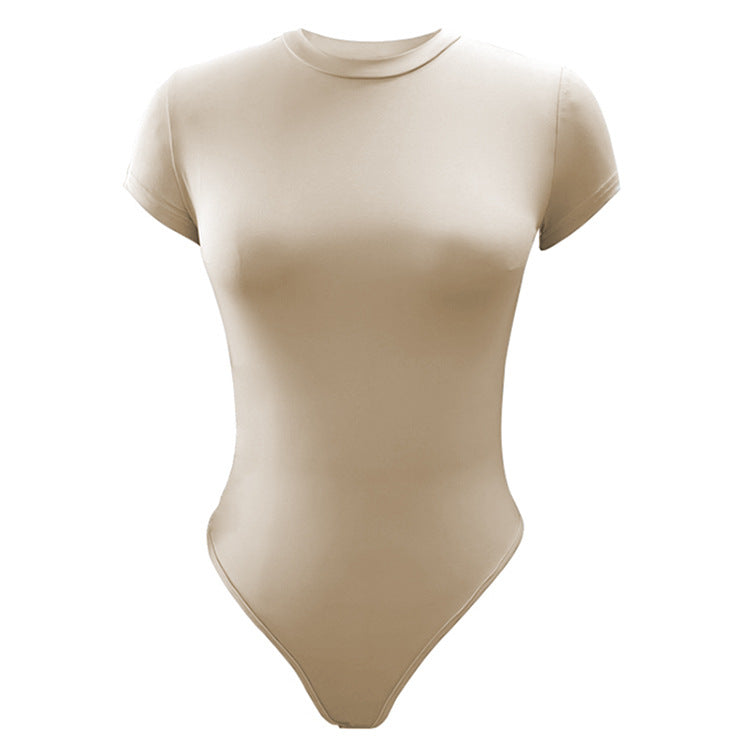 Solid Color Bottoming WomenClothing Basic Casual Short Sleeve round Neck Tight Bodysuit Summer Bella Mia