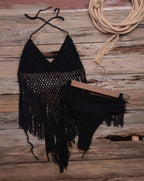 Internet Hand Woven Beach Hollow Out Cutout Tassel Split Swimsuit Set Factory Direct Bella Mia